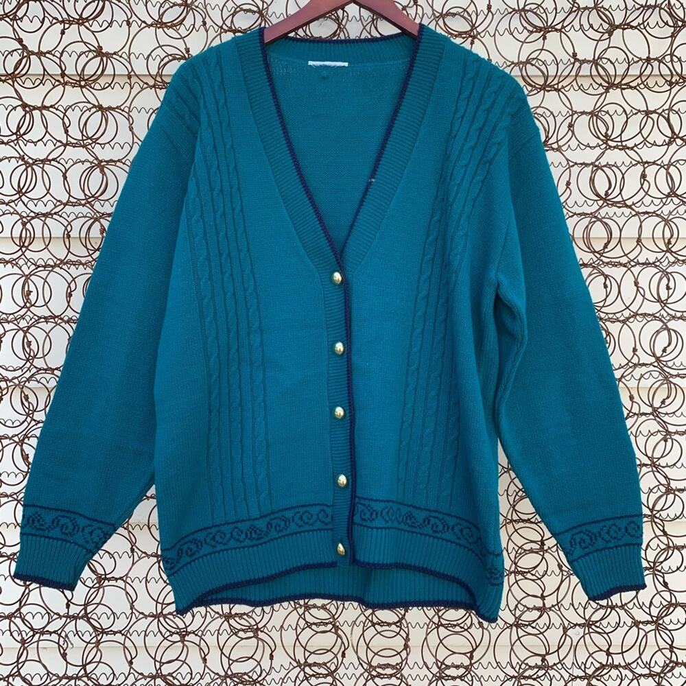 Vintage teal knit grandpa style cardigan sweater LARGE?